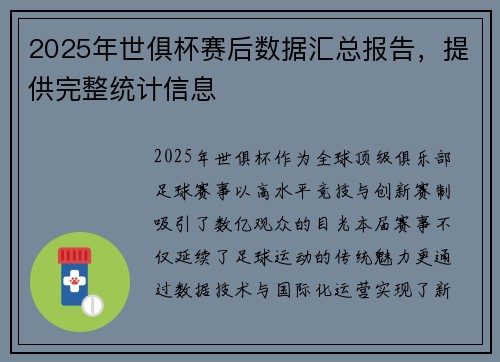 2025年世俱杯赛后数据汇总报告，提供完整统计信息
